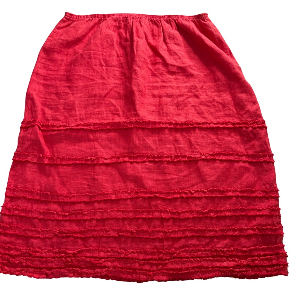 Willow Red 100% Linen Tiered Ruffle Midi Skirt Elastic Waist Made in USA M Work